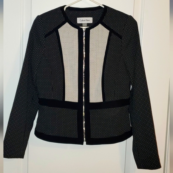 Calvin Klein Colorblock Blazer Zip Up 6 Black White Polka Dot - Picture 1 of 3